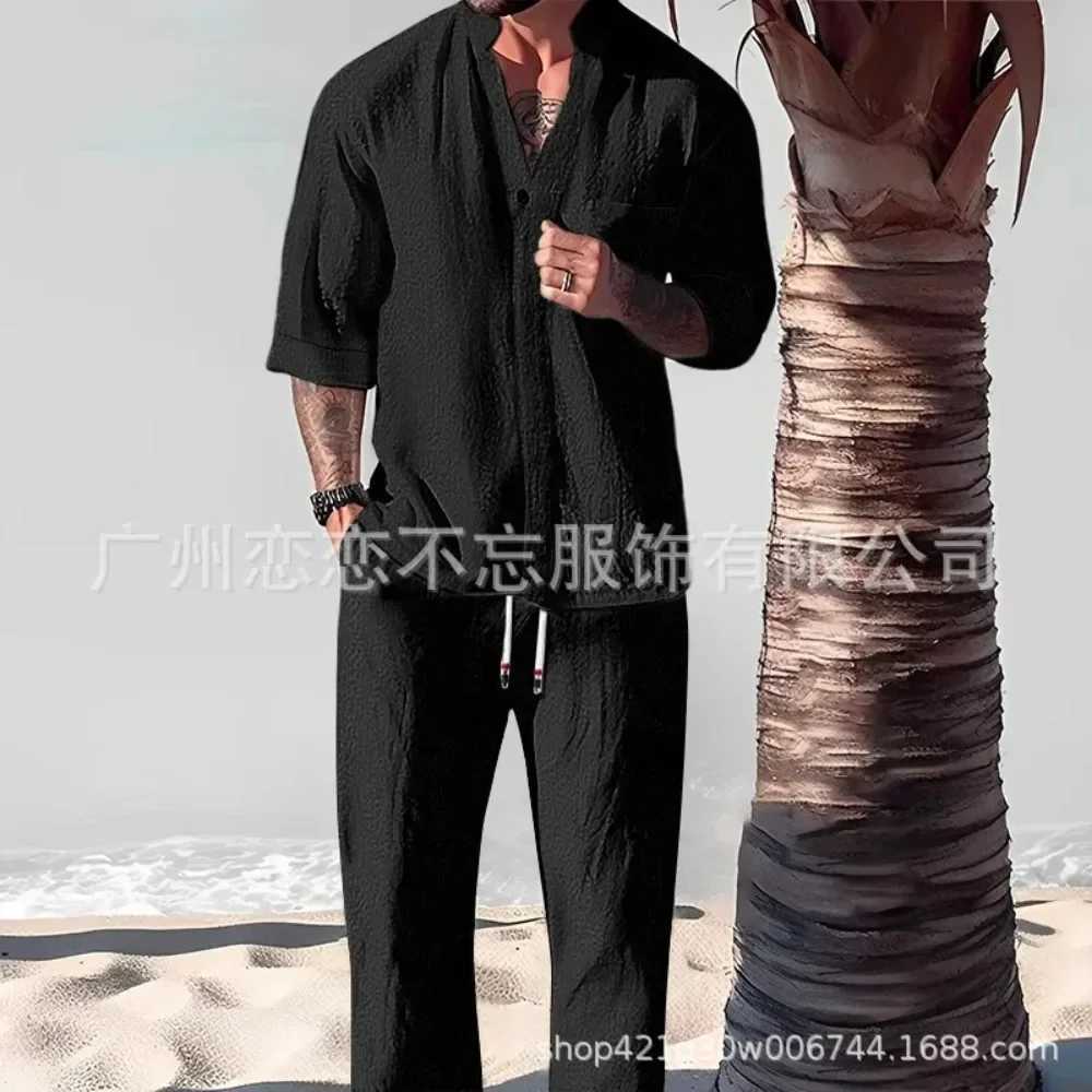 Summer casual cotton linen two-piece mens fashion loose V-neck half sleeved top and mens clothingXJ250326