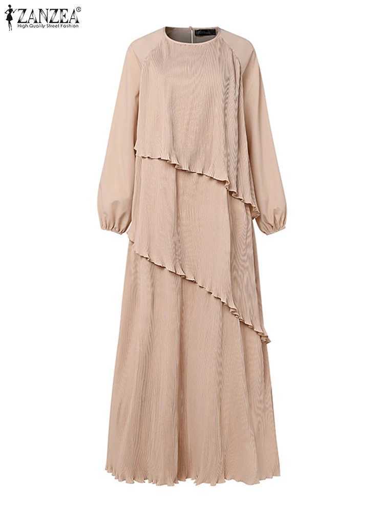 ZANZEA Patchwork Lantern Slve Abaya Robes Women Plisse Layered Elegant Maxi Dress Muslim Fashion Islamic Hijab Pleated Dress X2505141