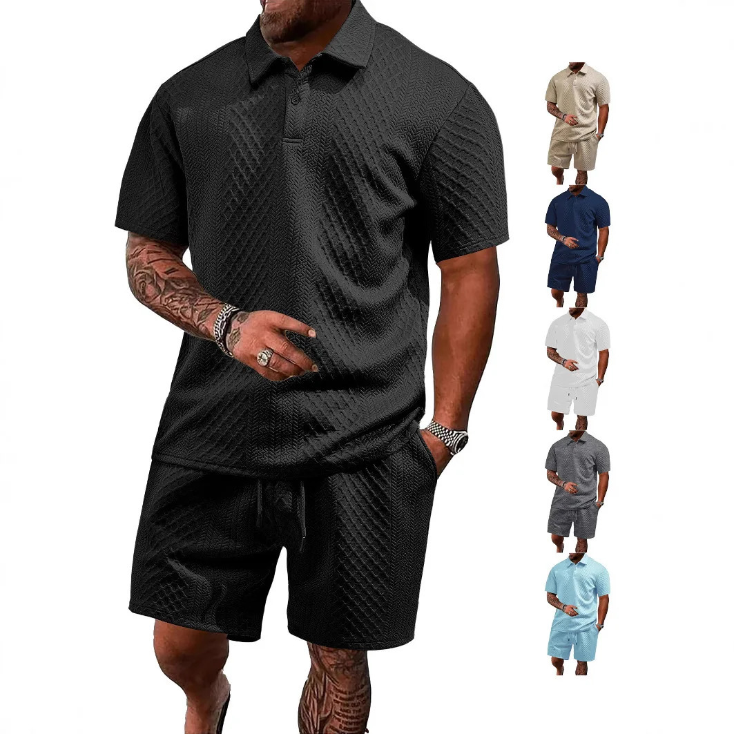 Summer European and American Jacquard Fabric Mens Casual Sports Thin Collar Polo Shirt Short Sleeve Set 250327