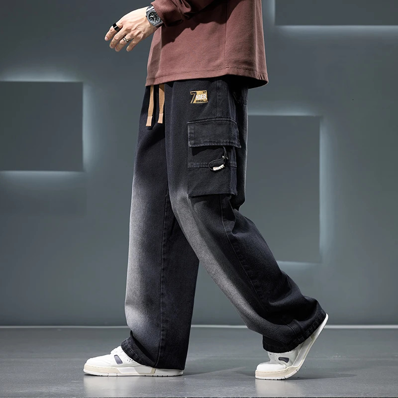 Autumn Wide Leg Washing Jean Pants Men Trousers Neutral Solid Color Loose Casual Fashion Pocket Cargo Pants Big Size 8xl 250317