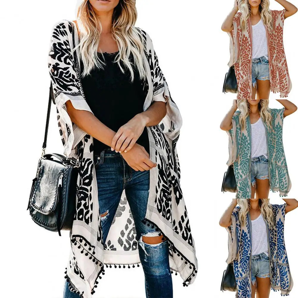 Swimsuit covered with full piece matching tassel ball breathable summer open front cardigan UV resistant wool sweater 250326