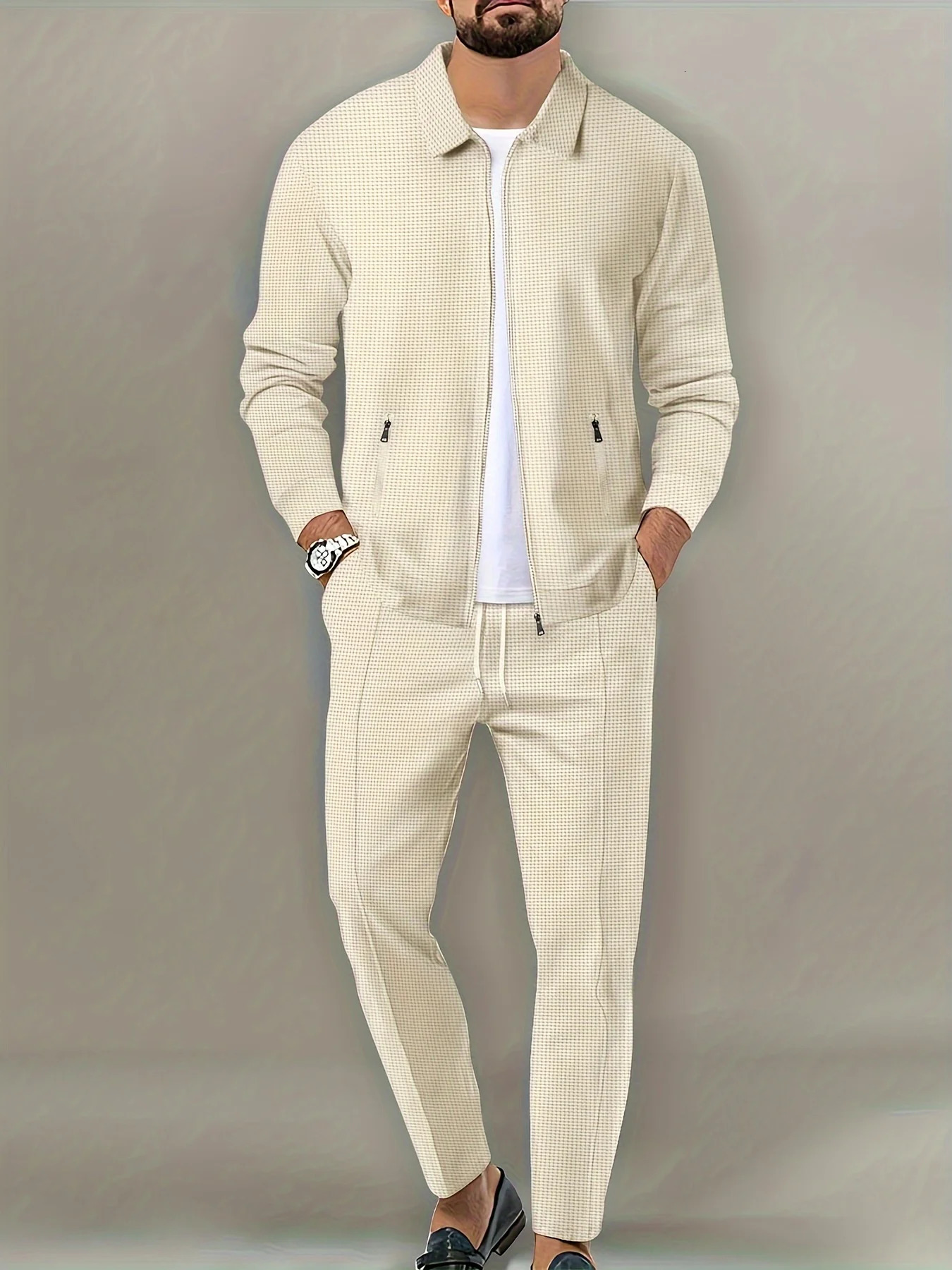 Mens slim fit jacket with zippered pockets long sleeved sweatshirt cardigan set pants elegant twopiece 250326