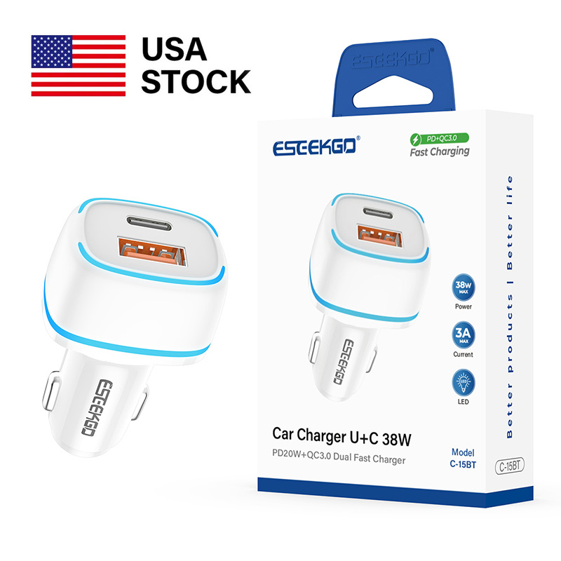 USA STOCK ESEEKGO C-15BT fast charging 38W LED QC3.0+PD20W Car Charger With Retail Package ship in 2 days (WHITE)