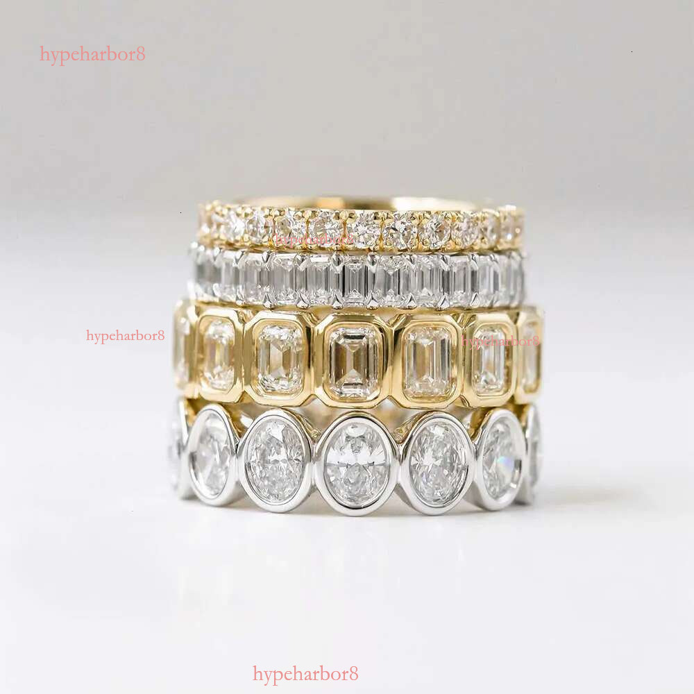 Luster Unique Wedding Eternity Band Sier 14k Gold Bezel Set 3x5mm Emerald Cut Moissanite Oval Ring for Women