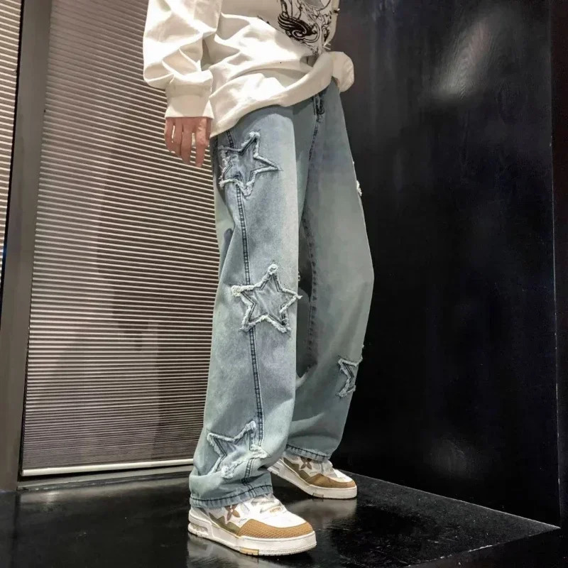 Stars Patchwork Mens Jeans Fashion Y2K Tassel Pants Korean Clothing Straight Hip Hop Splicing Street 250326