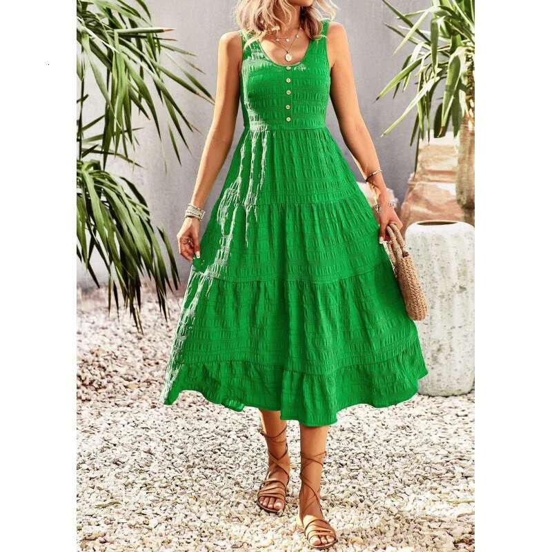 Dongdumaoyi Mouwloze Maxi Jurk Met U Hals Voor Dames Effen Wit Ruches Aan De Zoom Knoopdetail Polyester Lente Zomer Vrijetijdskleding Wd