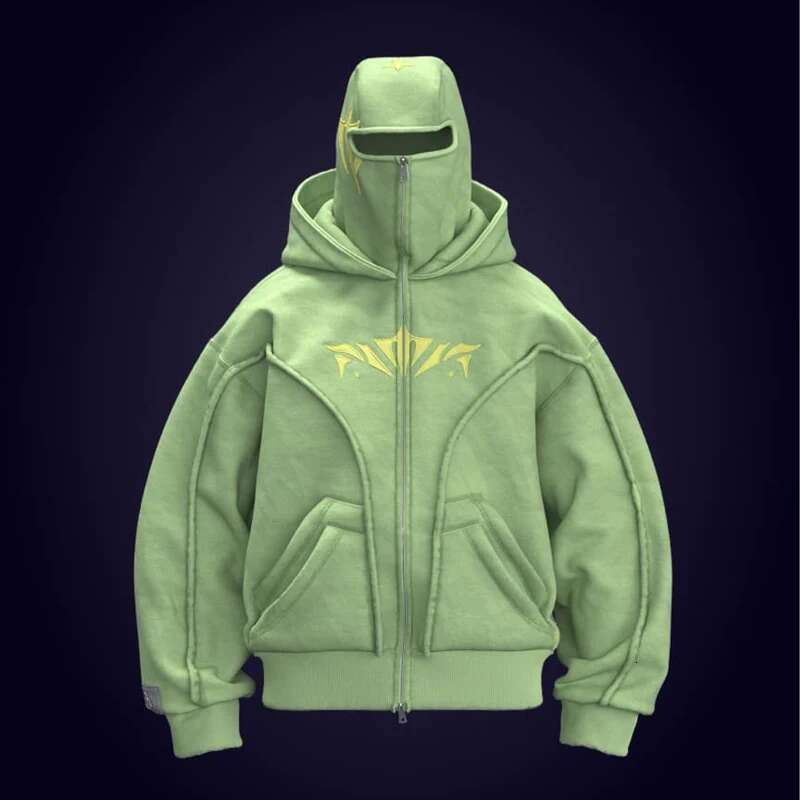 Phantom Hoodie Zip Up Double Hat Balaclava Embroidery Patch Streetwear Dark Gothic Heavyweight Unisex Oversize Sweatshirt