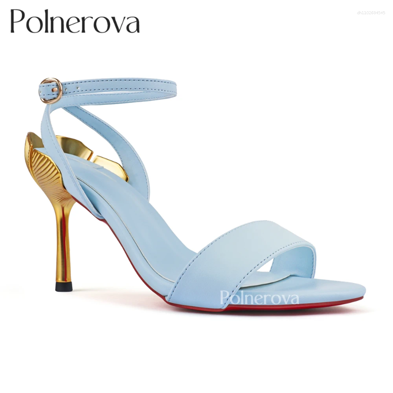 Sandals Metallic Gold Ginkgo Leaf Heel Ankle Strap Open Toe Stilettos Luxury Designer Style Summer Heels Round Women