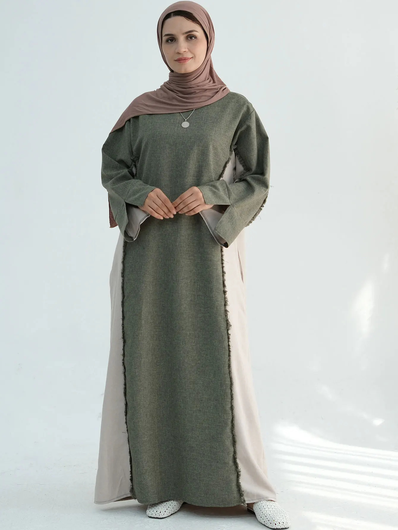 Trend Contrastive Color Womens Clothing Humble Abaya Muslim Linen Closed Ramadan EID Dubai 250326