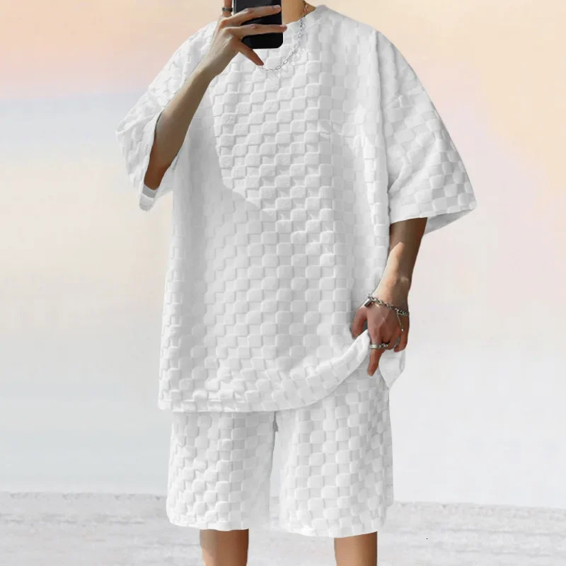 Mens sportswear summer Korean High Street jacquard plain Tshirt twopiece set mens casual retro loose Oneck top 250327