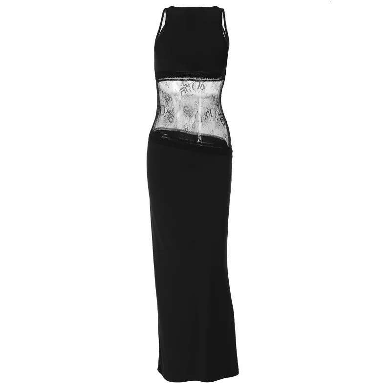 Dongdumaoyi New Sexy Hollow Out Backless Sleeveless Patchwork Lace Mid Waist Sheer Long Women Dress