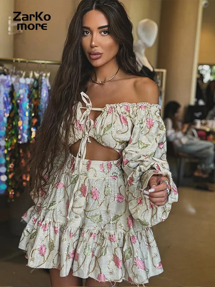 Sweet Print Womens Mini Skirt Set Hollow Folded Lantern Sleeve Top Lace SpringSummer Sexy 250326