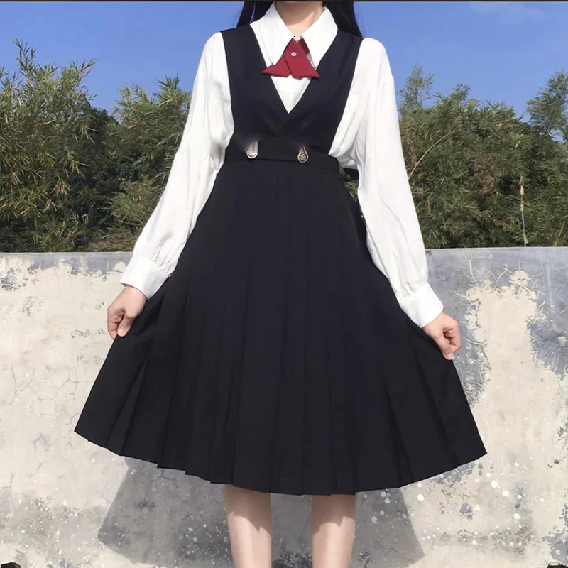 Japanese girl JK high school uniform long pleated student dress summer sleeveless Pinafore level suspended skiing 250326