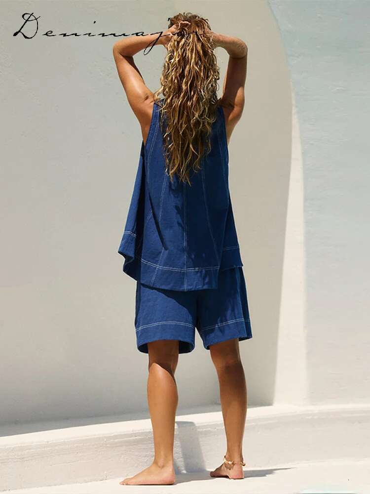Loose Striped Shorts Set Women Casual Sleeveless O-Neck Vest Wide Leg Elastic Waist Short Pants 2025 Summer Chic Beach Lady Sets