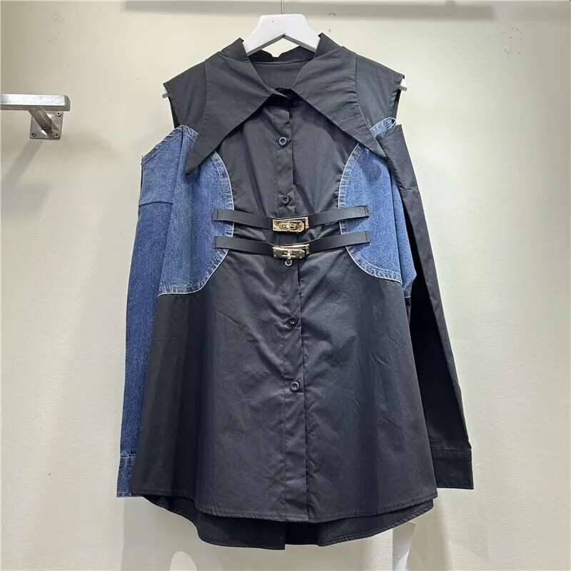 New Fashion Women Contrast Color Off-Shoulder Shirt Spring Lapel Long Sleeves Double Belt Design Blouse Female