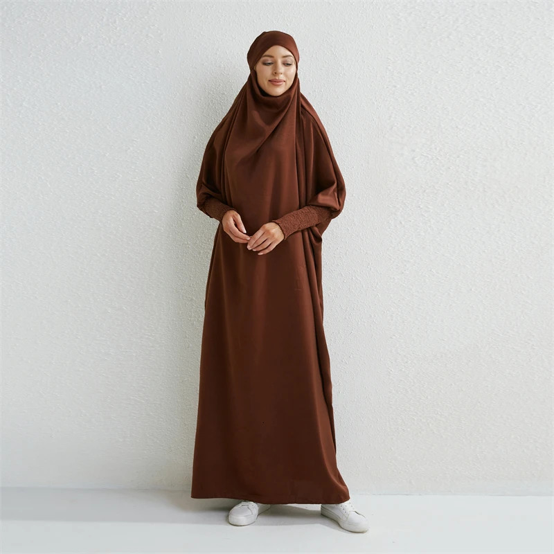 Abaya Hooded Smoking Sleeve One Piece Prayer Dress Womens Jilbab Islamic Clothing Dubai Saudi Black Robe Humility 250326