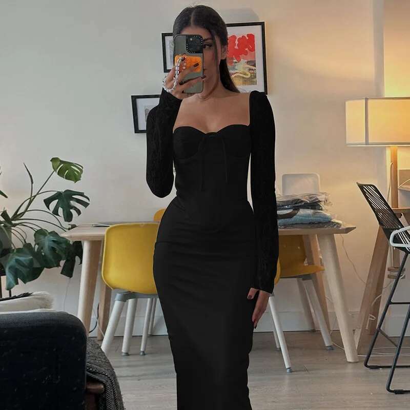 Dongdumaoyi Lente Nieuwe Elegante Slim Fit Bustier Tie Taille Patchwork Kant Lange Mouwen Bodycon Vrouwen Jurk C