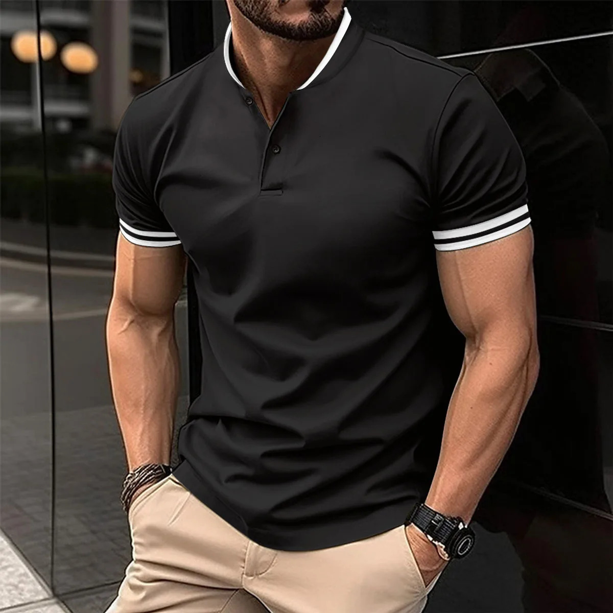Solid color mens polo shirt top Tshirt summer short sleeved fashionable comfortable breathable 250327