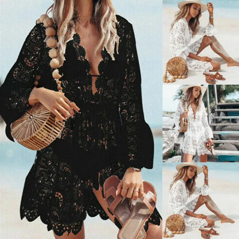 Womens transparent bikini top swimsuit sexy lace floral casual loose solid summer womens short beach dress 250326