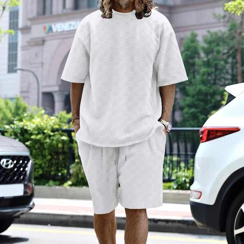 2024 summer towel plain weave mens collar short sleeved top and shorts fashionable casual oversized set 250326