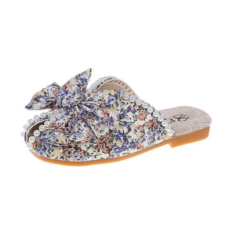 Slipper Girls bow slippers 2025 summer new pearl soft sole cow tendon sole fish mouth princess shoes floral toe slippers S25326