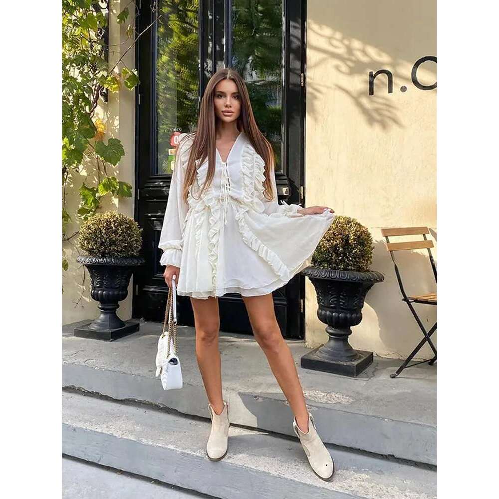 V Neck Through Sexy See Long Sleeve Mini Dress Elegant Lace Up Layered Curg Edge Hollow Out Gown New Female Party Vestidos