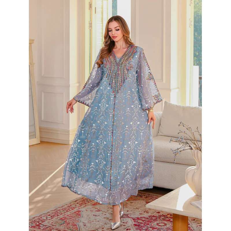 Dongdumaoyi Moslim Elegante Geborduurde Jurk Midden Oosten Kleding Touw Gewaad Abaya Vrouwen Lange W