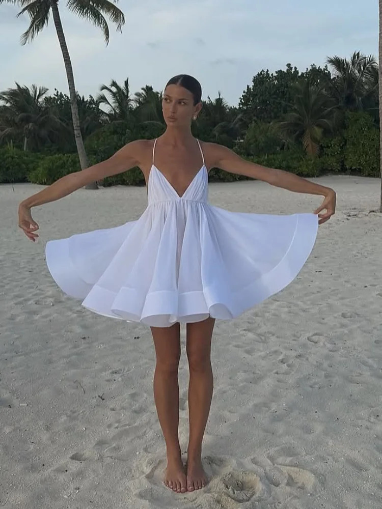 Sexy solid womens lace mini dress fashionable backless sling sleeveless pleated fluffy 2025 beach vacation 250324