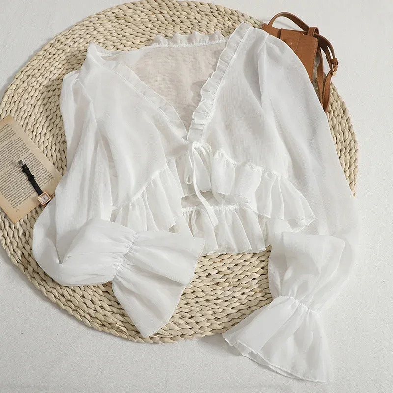 Chiffon Sunshade Shirt Womens Summer Ice Silk Pure Thin Sweet Ruffle Dress Vneck Open Fleece Sweater 250326