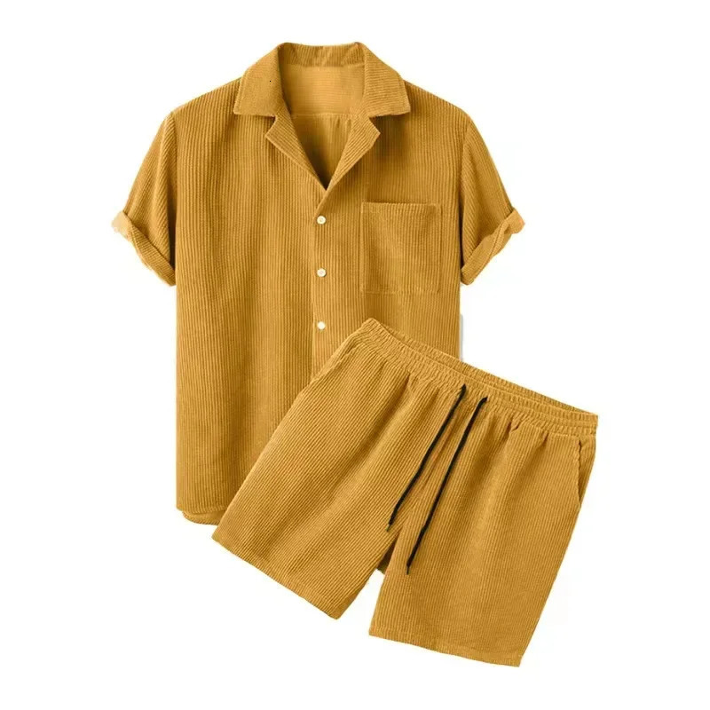 Spring and summer solid mens Corduroy set short sleeved button up shirt twopiece casual streetwear 250326