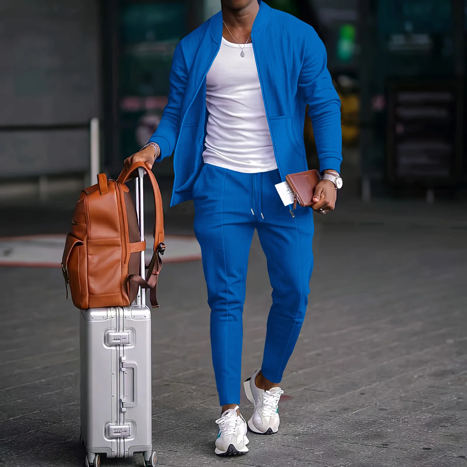 Autumn and Winter Mens Casual Jacket Set Fashion Waffle Baseball Round Neck Pocket Zipper Long Sleeve Trouser Two Piece 250326