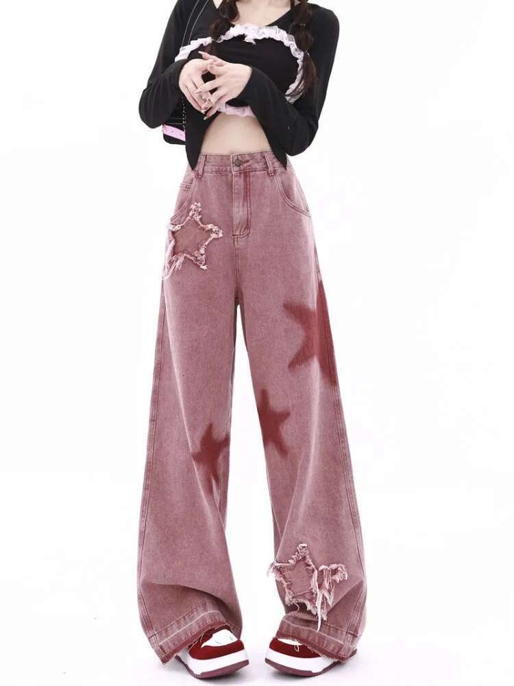 American Retro Five-Point Star Raw Edge Splicing Loose Wide-Leg Jeans Look Thin Trendy All-Match Mopping Pants Women