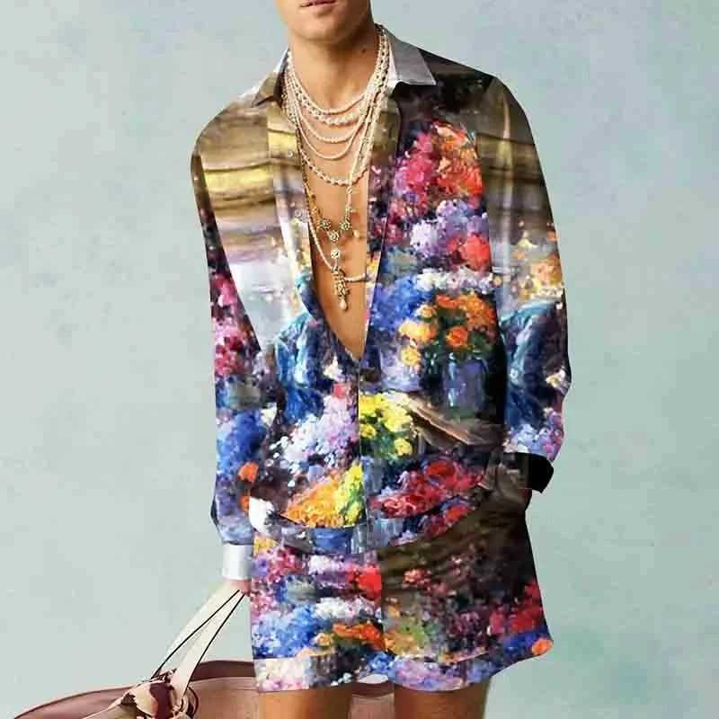 Hawaii Retro Fashion Beach Set Mens Casual Outdoor 3D Printed Abstract Long Sleeve Shirt 2-piece Set Loose Beach ShortsXJ250326