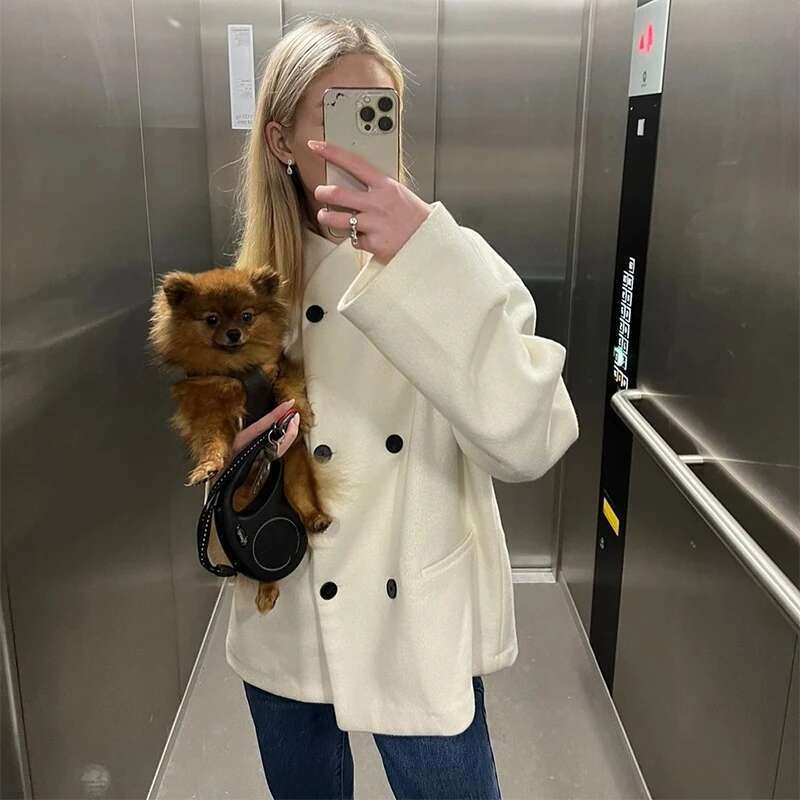 Women's Coat Elegant Solid Woolen Coat Women Double Breasted Loose Stand Collar Jacket Autumn Temperament Thick Warm Office Outerwear