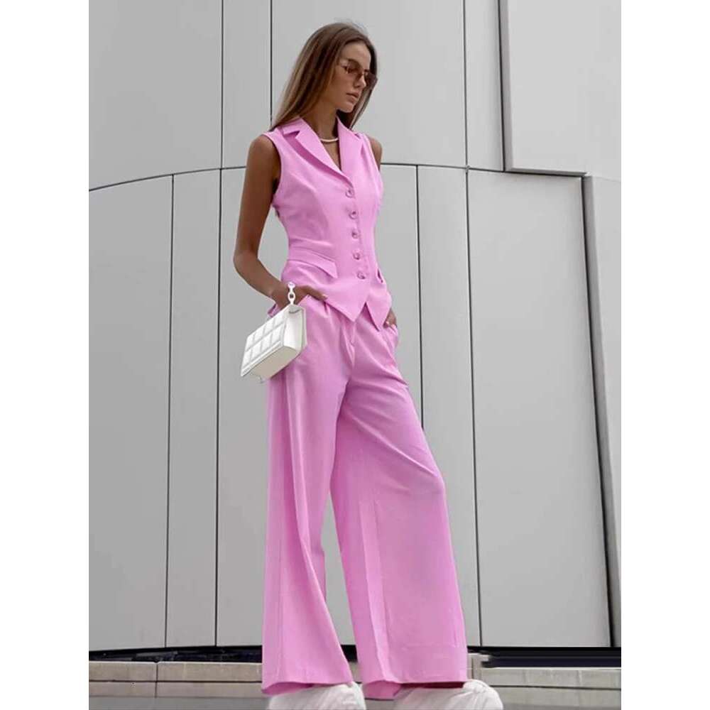Women's Coat Women Lapel Vest Pants Sets Lazy Sleeveless Single Breasted Waistcoat Wide Leg Trousers Spring New Casual Lady Commuter Set