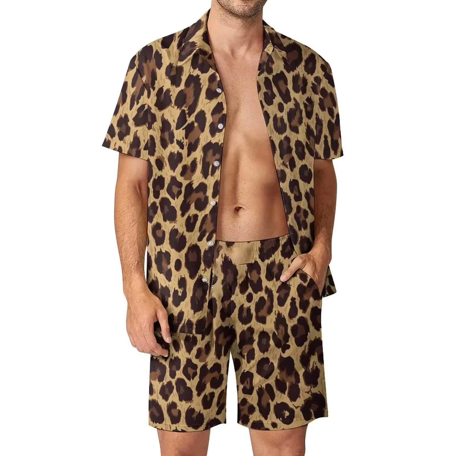 Leopard Shirt Mens Shirt Set Casual Fashion 3D Printed Short Sleeve Shirt Oversized Beach Shorts Hawaiian SetXJ250326