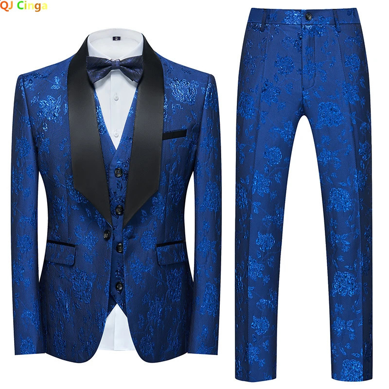 3 pieces of blue jacquard fabric set mens fashionable slim fit jacket Trouser vest Spring and Autumn Asian size 250326