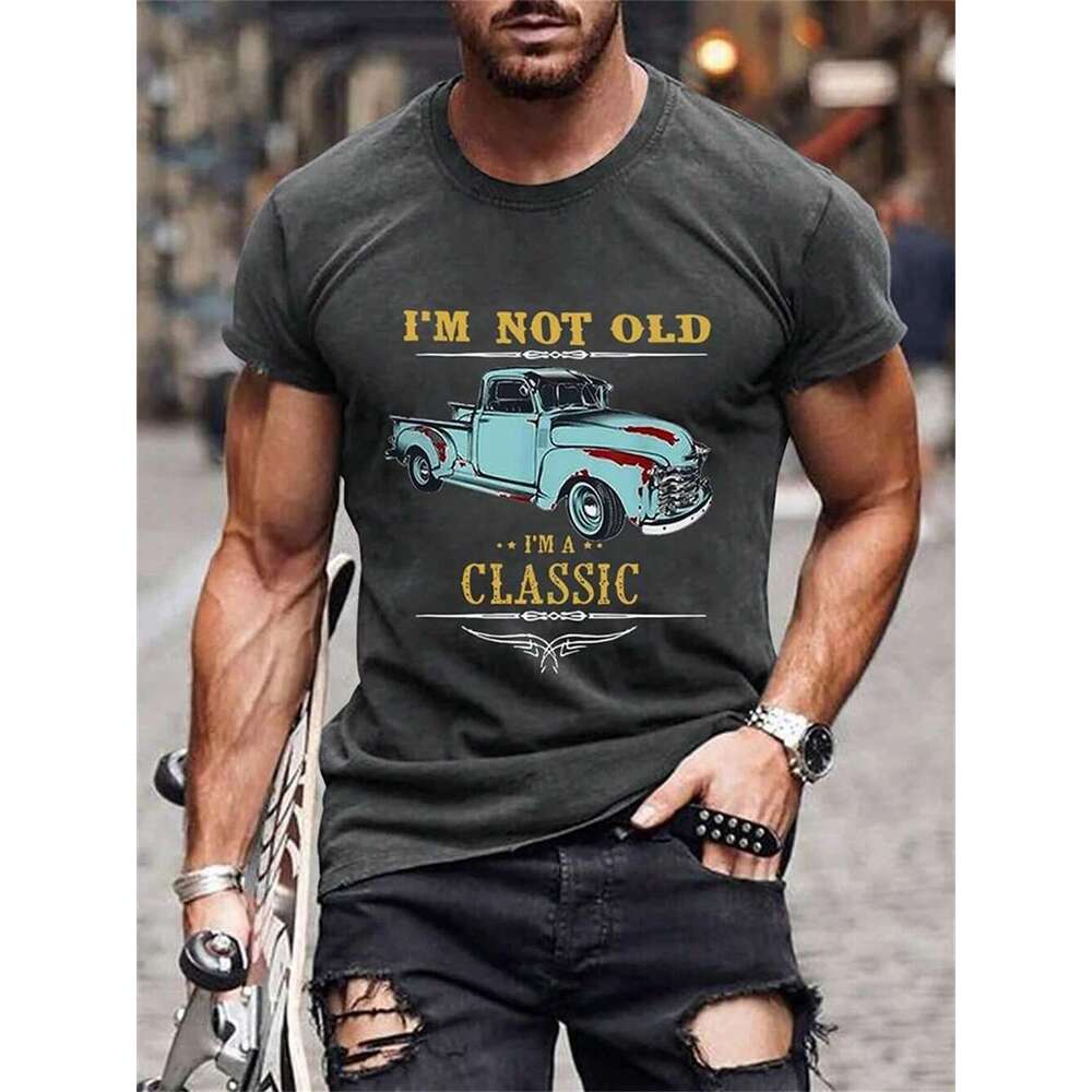 Classic car pattern printed men s T shirt comfortable fit soft fabric perfect for summer outdoor casual fashionable gift