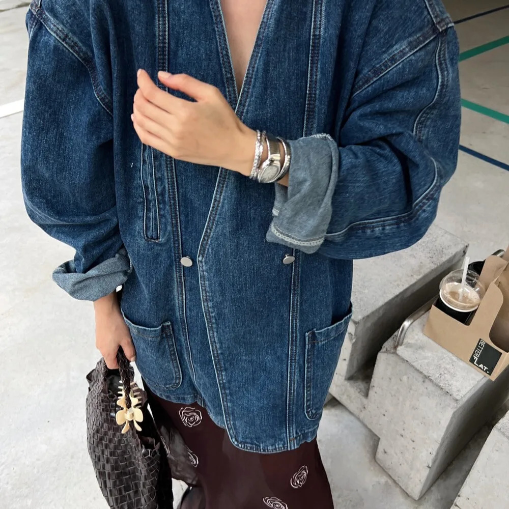 Get Spring Womens Denim Jacket SpringSummer Retro Double Chest Shoulder Pads Vneck Loose Casual Long Blue 250326