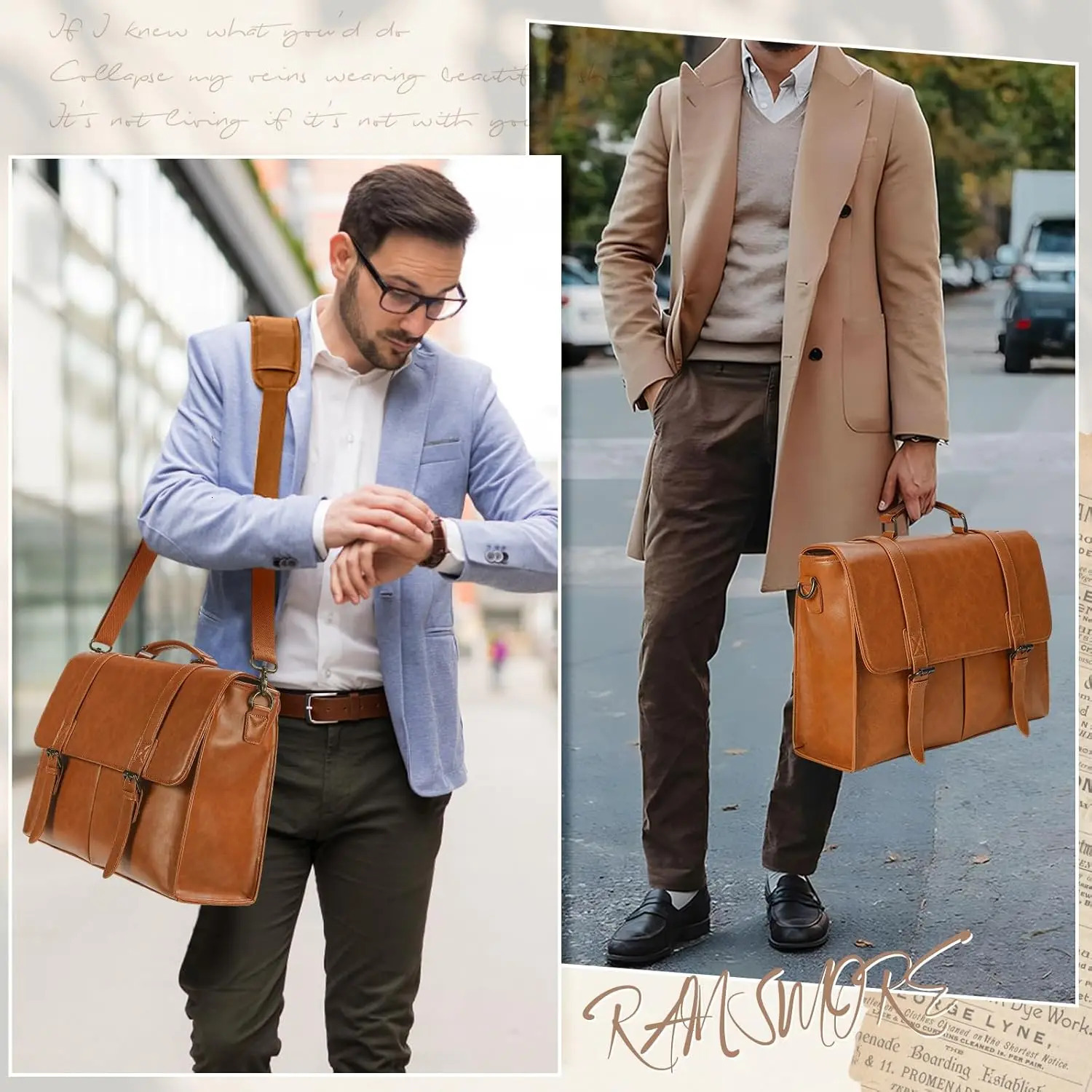 Rainsmore vintage mens messenger bag waterproof leather briefcase laptop large capacity business university shoulder 250326