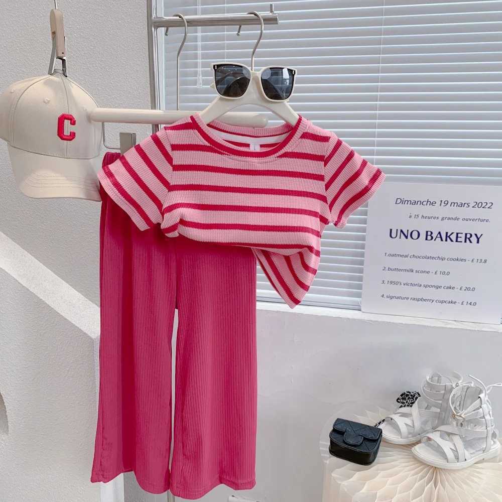 Bear collar girls clothing set 2023 summer new Korean childrens set girls striped knitted short sleeved+red wide leg pants 2 setsT250327