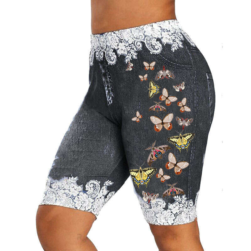 Women Yoga Pants Printed Lace Imitation Denim Butterfly Pattern High Waisted Yoga Shorts And Fitness Pants With Hip Lifting