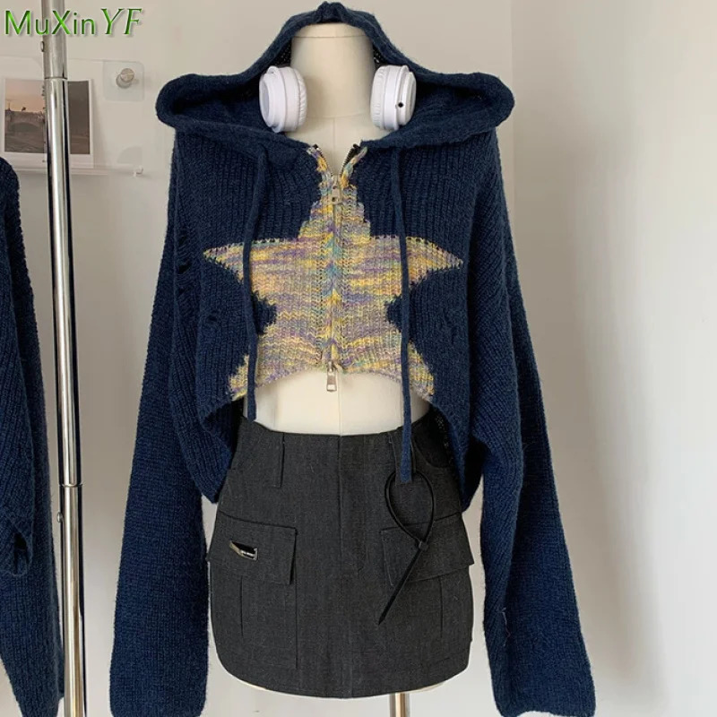 Womens Autumn American Retro Star Short Zipper Hooded Sweater Open Knitted Fashion Top Blue 250326