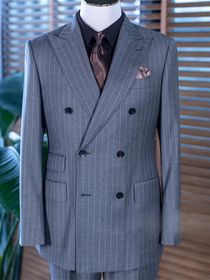 2 pieces of grey striped mens classic double chest business jacket pants customized formal party dress 250326