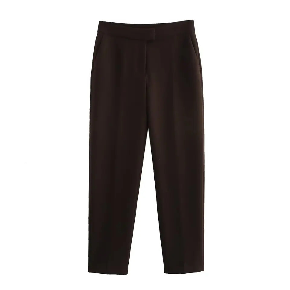 DUOPERI Womens Fashion 2piece Coffee Basic Jacket and Retro Front Zipper Trouser Femle Office Pants Set 250326