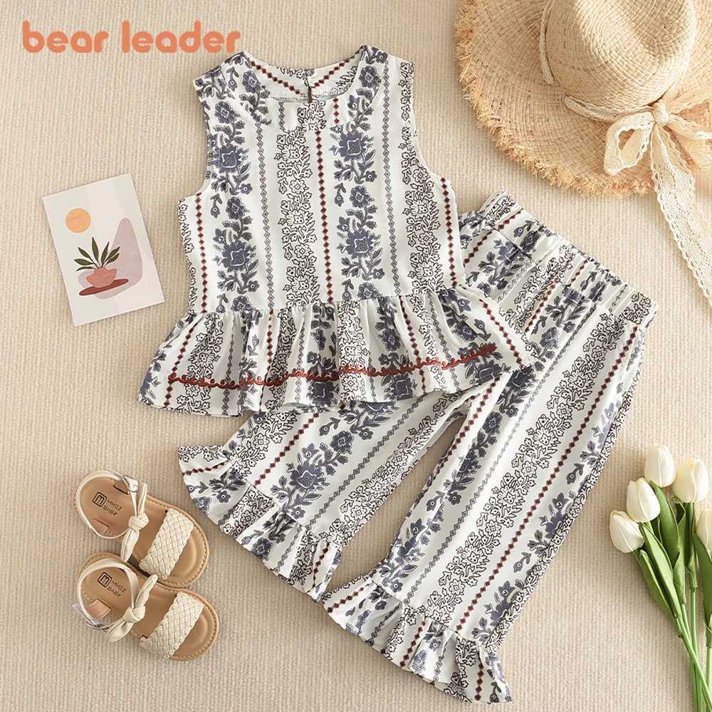 Bear Leader Girls Set 2023 Summer Korean Edition Short Sleeve Bubble Sleeve+Wide Leg Pants Girls SetT250327
