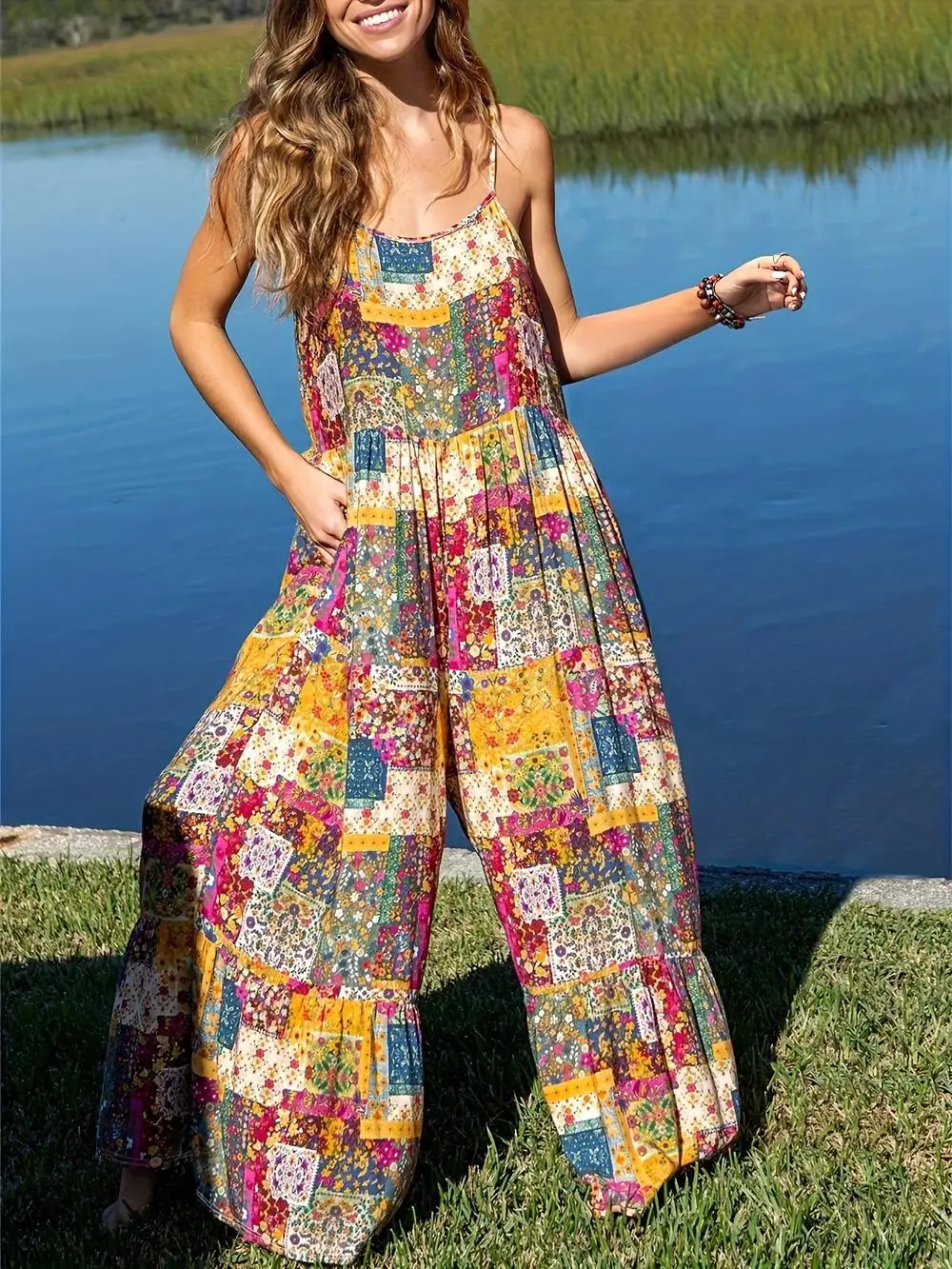 Womens casual jumpsuit with fashionable coverage and loose wide leg printed buttons featuring pockets 250326