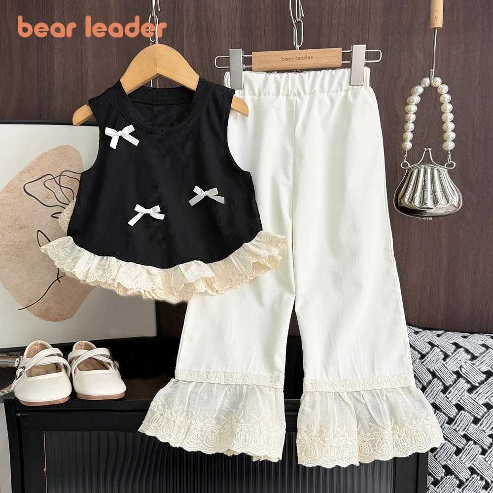 Bear collar Korean casual childrens set with bow decoration black sleeveless vest+pants two-piece set lace patchwork girls clothingT250327
