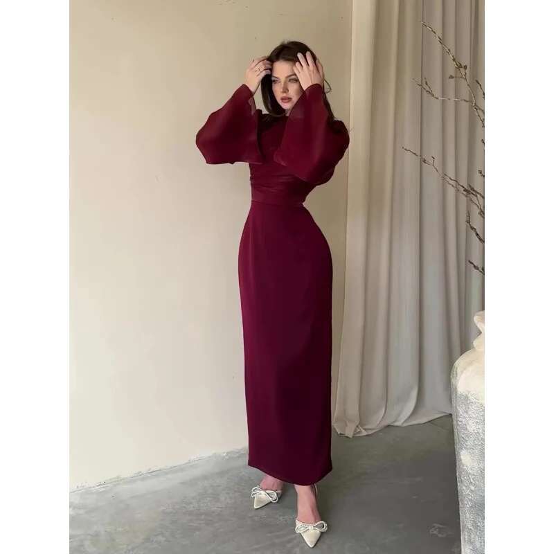 Dongdumaoyi Effen Kleur Eenvoudige Taille Knipperende Sexy Bodycon Jurk Lange Mouw Ruches Elegante High End C