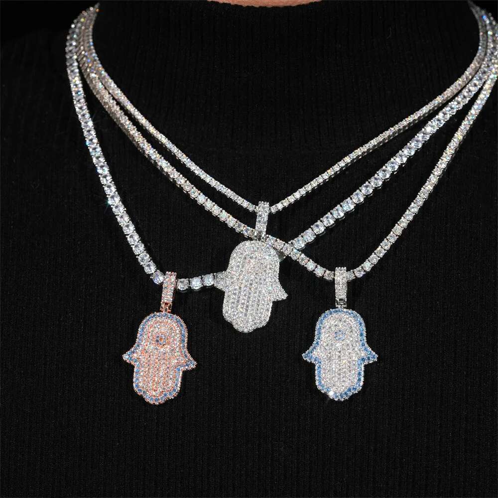 Hip Hop Rock Bling 5a Cubic Zirconia Hamsa Hand Pendant 925 Sterling Silver Fine Jewelry Women Men Fatima Necklaces Rope Chain